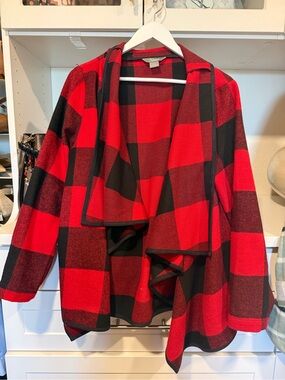 Natural Reflections Red and Black Buffalo Plaid Draped Open-Front Jacket